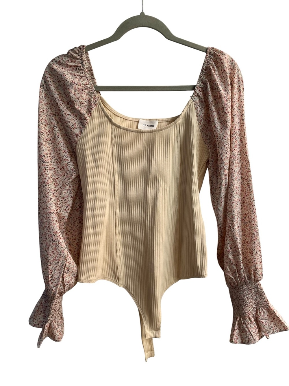 Heyson Floral Sleeve Bodysuit Medium Cream Ribbed Cottagecore Romantic
